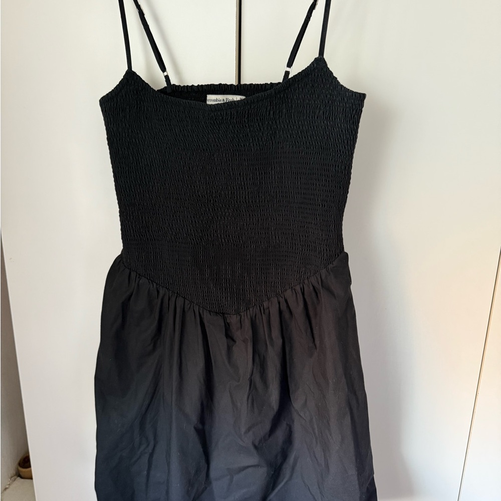 Black Dipped-Waist Smocked Mini Dress